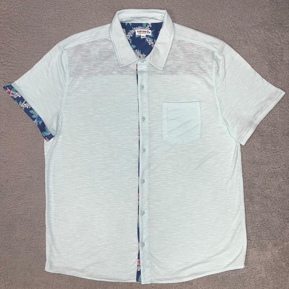 The Endless Summer Shirt Men's 2XL XXL Teal Floral Trim Button Down Short Sleeve